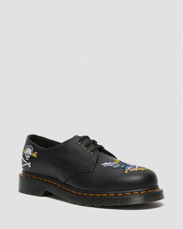 Black Men's Dr Martens 1461 Souvenir Embroidered Leather Oxfords Shoes | CA 605YXF